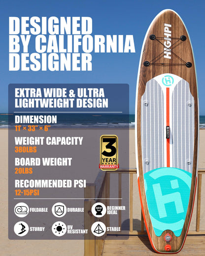 Highpi 11ft Inflatable Stand Up Paddle Board for Youth and Adults – Wide Sup with Premium Accessories, Blow Up Paddleboard for Surfing, Fishing, Yoga & More