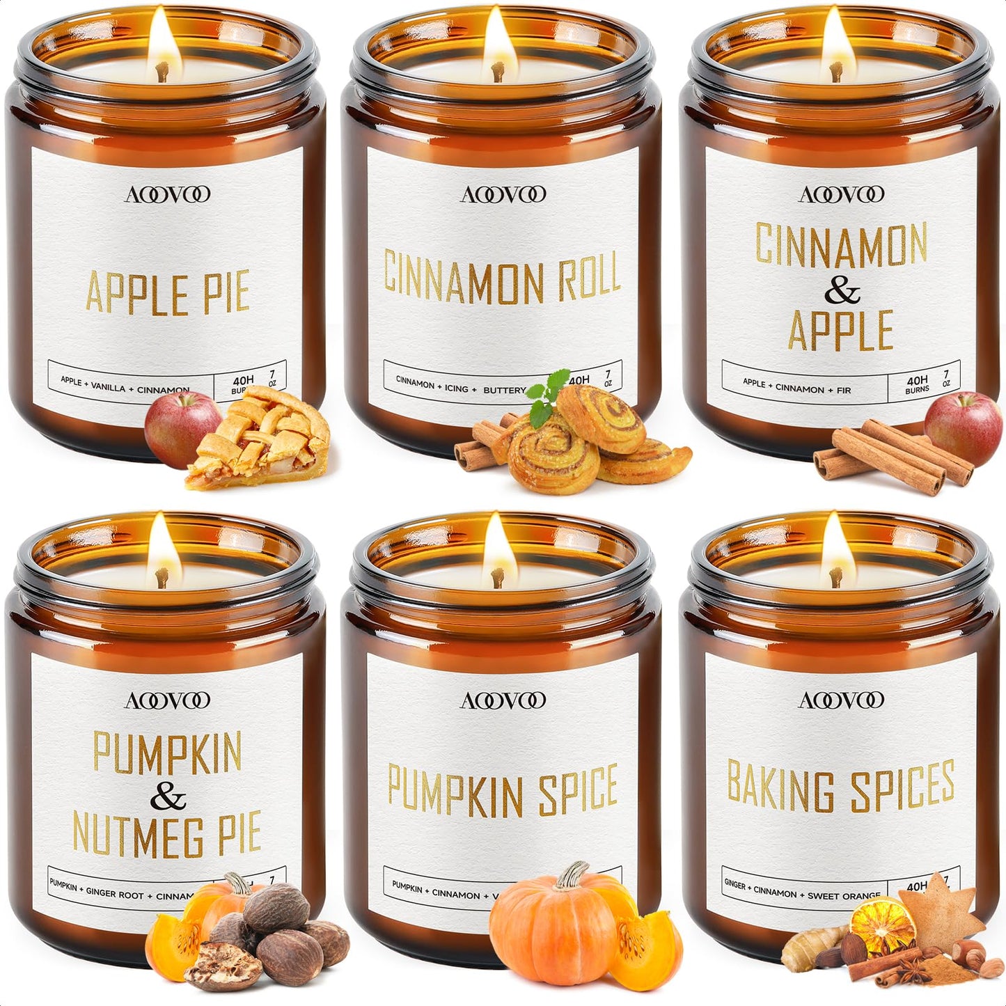 AOOVOO Fall Candles - 6 PC Scented Candle, 42 oz Soy Candles, Soy Candle for Home Scented, Apple Pie/Cinnamon Roll/Cinnamon Apple/Pumpkin Nutmeg Pie/Pumpkin Spice/Baking Spice