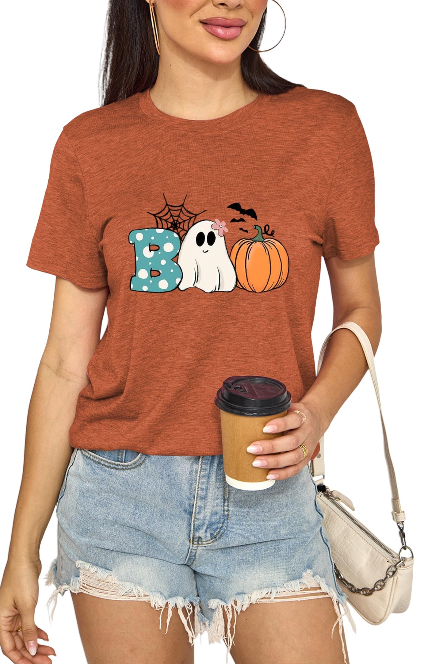 Funny Halloween Shirts for Women Cute Boo Ghost Cobweb Pumpkin Graphic Tee Shirt