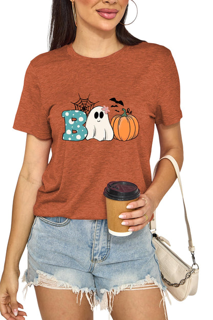 Funny Halloween Shirts for Women Cute Boo Ghost Cobweb Pumpkin Graphic Tee Shirt