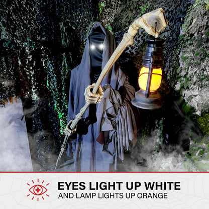 Haunted Hill Farm Motion-Activated 6-Ft. Tall Ghostly Guide, Plug-in Talking Scare Prop Animatronic with Spooky Sound Effects and Lights for Indoor or Covered Outdoor Creepy Halloween Decoration