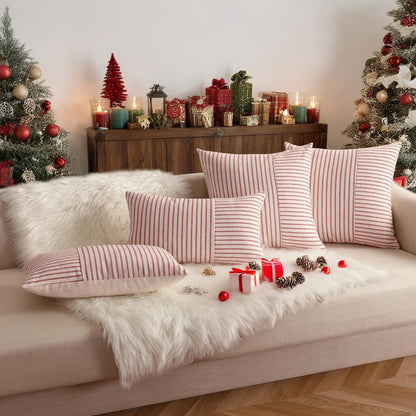 YCOLL Christmas Pillow Covers 18x18, Boho Throw Pillow Covers Set of 2, Red and Cream Striped Linen Decorative Pillows Cushion Covers for Couch Bedroom Christmas Decorations