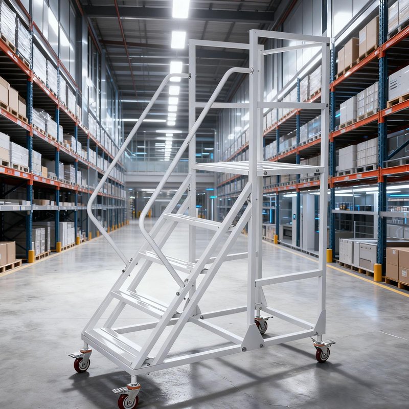 4-Step Rolling Warehouse Step Ladder, Lockable Wheels, Non-Slip Wide Steps, Dual Handrails, Movable Platform Ladder, Rolling Stairs for Warehouse, Supermarket, Library (White, 4 Steps)