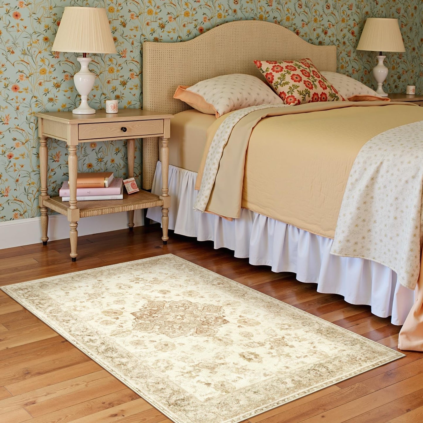 jinchan Washable Area Rug 3x5 Entryway Rug - Distressed Spring Floral Low-Pile Soft Non Slip Indoor Floor Carpet for Kitchen Bedroom Entrance Laundry Living Room(3x5ft,Tan)