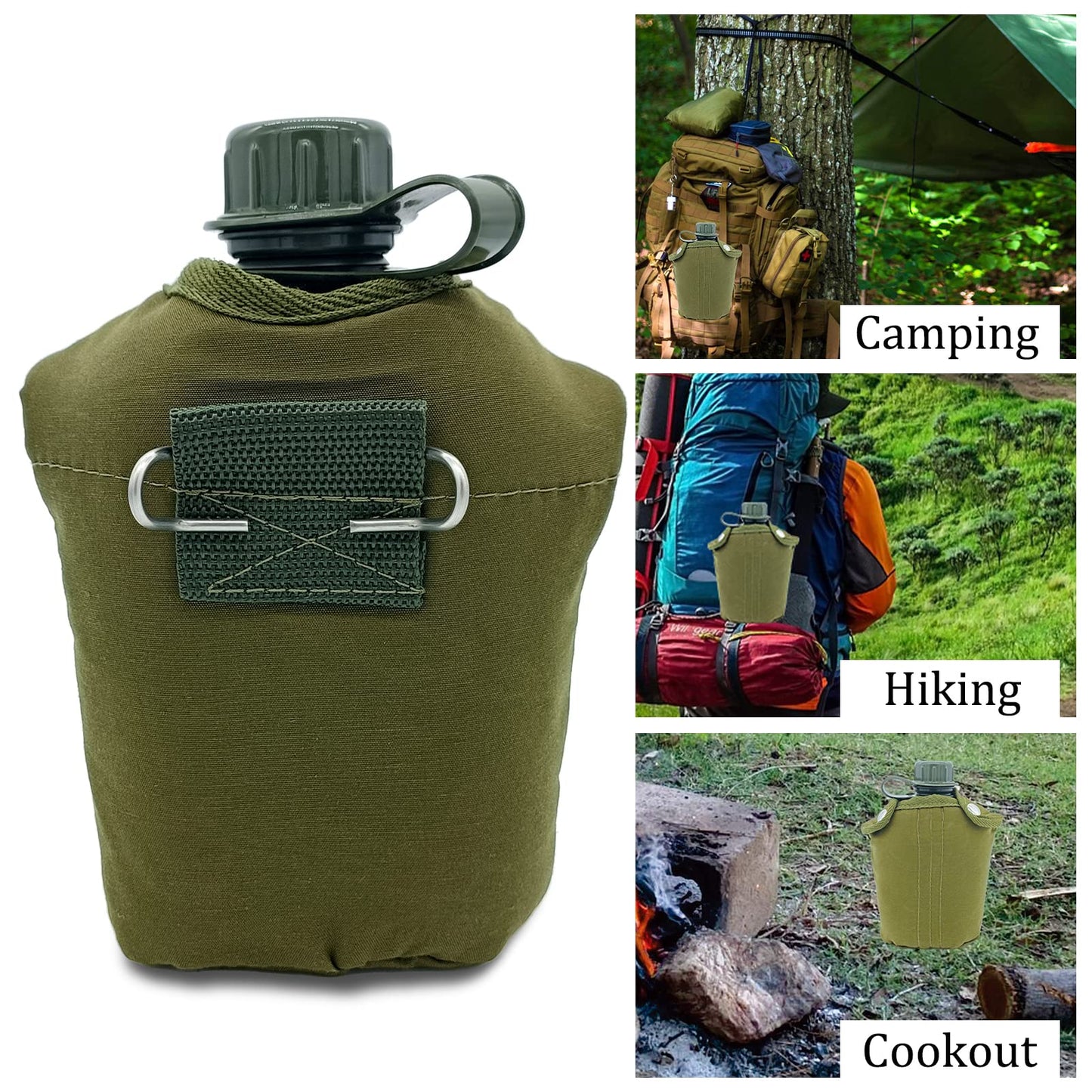 Plastic Military Canteen, 1 Quart Portable Army Water Bottle with Cup Sleeves and Waist Belt for Hiking Camping Climbing and Most Outdoor Activities