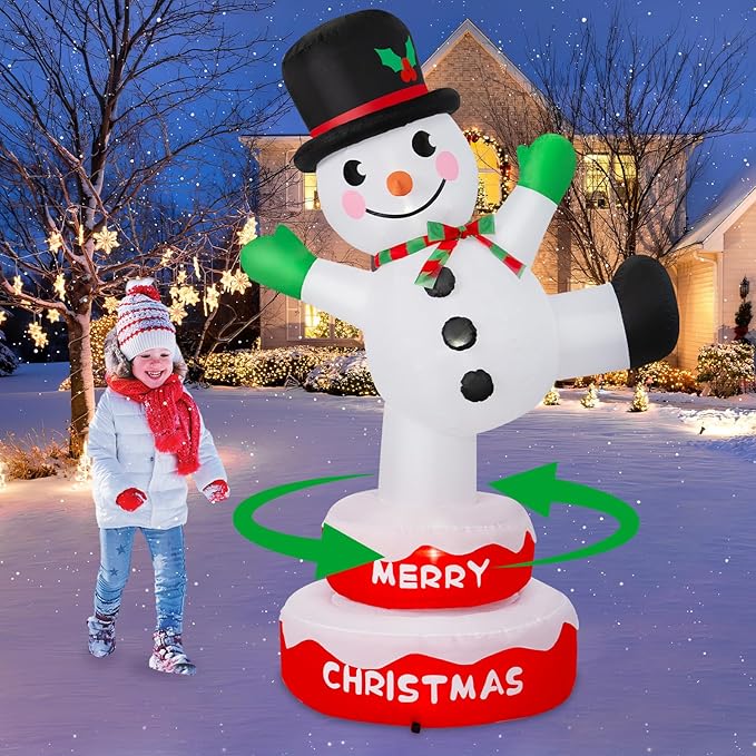 6FT Christmas Inflatables Snowman Outdoor Decorations, Rotating Snowman Inflatable Stands on Donut Base Christmas Blow Up Yard Decorations Built-in LEDs for Xmas Party Garden Outdoor Decor