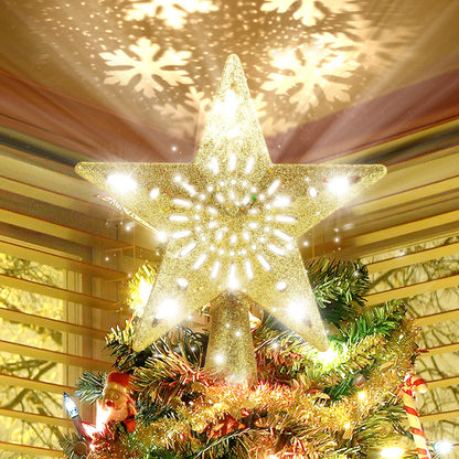 Christmas Tree Topper Star Lighted with Rotating Snowflake LED Projector, Gold Star 3D Glittered Christmas Xmas Tree Decorations Projector Angle Adjustable