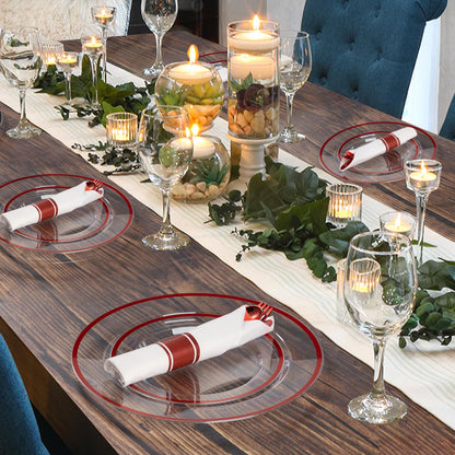 Goodluck 350 Piece Red Plastic Dinnerware Set for Party, Clear Disposable Plates for 50 Guests, Include: 50 Dinner Plastic Plates, 50 Dessert Plates, 50 Pre Rolled Napkins with Cutlery Set, 50 Cups