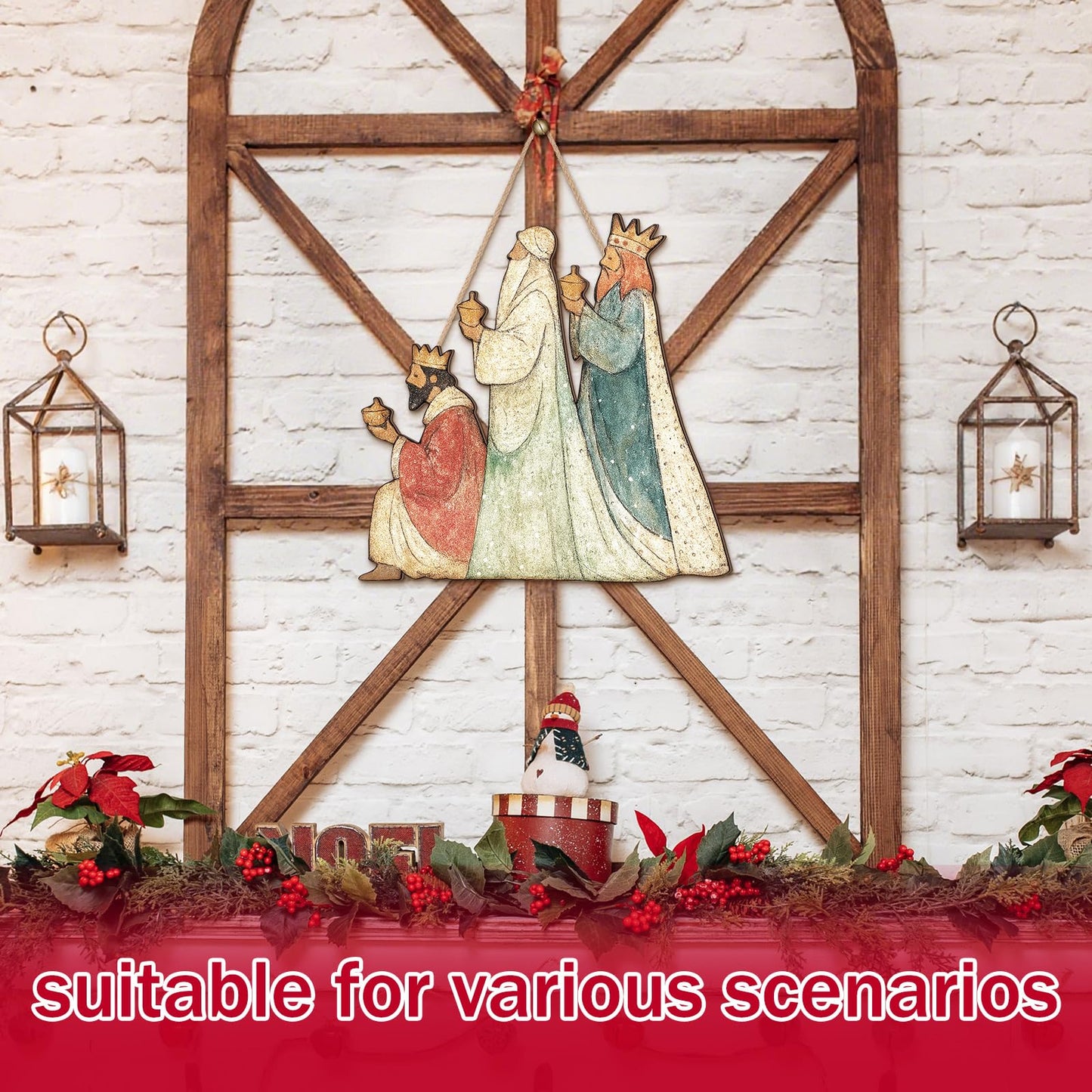 Anglechic Christmas Nativity Scene Door Sign Three Wise Men Wooden Front Door Signs Reyes Magos Hanger Wreath for Holiday Porch Wall Window Fireplace Indoor Home Christmas Decor