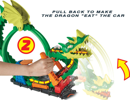 Hot Wheels Track Set with 1:64 Scale Toy Firetruck, City Fire Station with Dragon Nemesis and Track Play, Dragon Drive Firefight, HDP03