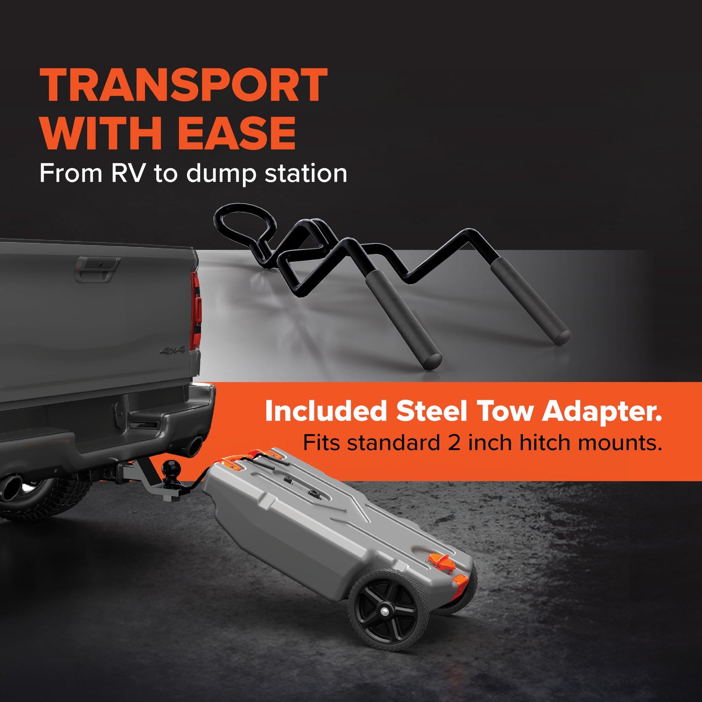 Camco Rhino 36-Gallon Camper/RV Tote Tank - Features Large Heavy-Duty No-Flat Wheels & Built-In Gate Valve - Removable Steel Tow Adapter, 3’ Sewer Hose & More RV Accessories (39006)