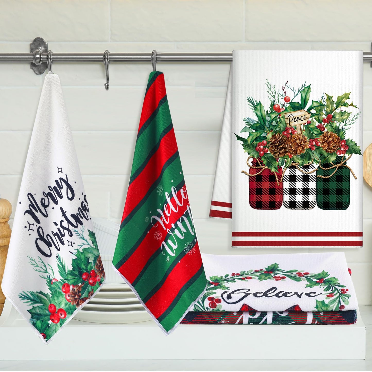 Kajaia 6 Pcs Christmas Kitchen Towels 15.8 x 23.6 Inch Xmas Holly Berry Dish Towels Absorbent Farmhouse Red Buffalo Plaid Truck Hand Tea Dishcloths for Christmas Winter Holiday Decor