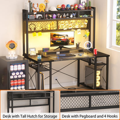 armocity 2024 Upgrade Gaming Desk with Hutch, 48'' Magic Computer Desk with LED and Outlets, Reversible Workstation Desk with Pegboard, Grey/Black