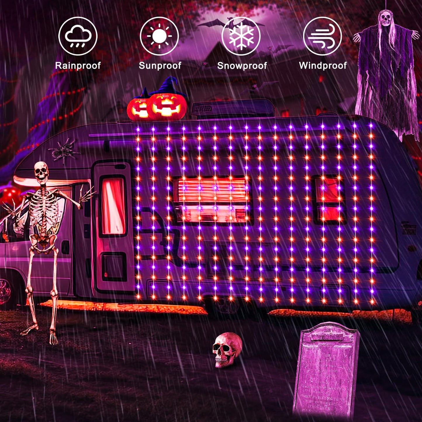 echosari Solar Halloween Curtain Lights Outdoor, 7.9ft x 6ft 144 LED Orange Purple Curtain Lights with 8 Modes Timer Waterproof for Indoor Outdoor Patio Fence Halloween Tree Party Decor