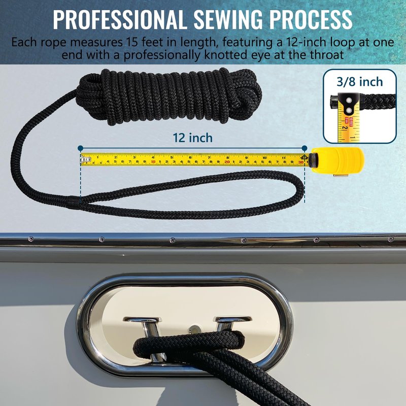 PropelTech 4 Pack 3/8" x 15’ Boat Dock Lines for Boat & Pontoon, Premium Marine- Grade Double Braided Nylon Dock Line, Pre-Spliced with a 12" Eyelet-Black,Boating Gifts for Men