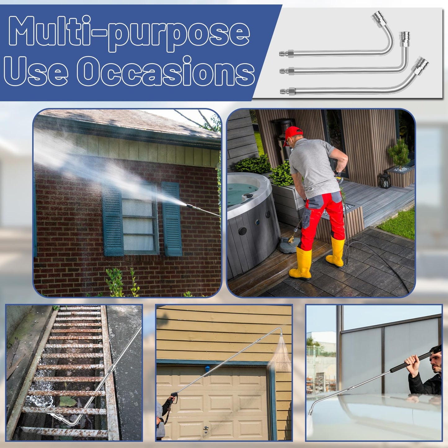 120 Inch Pressure Washer Extension Wand,Upgrade Power Stainless Steel Washer Lance Accessories with 6 Nozzle Tips,30°/90°/120°Curved Rods,Cleaner Tool Replacement