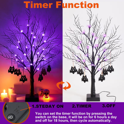 Beterzack 2FT Black Halloween Tree, Spooky Tree with 20 Spider & 24 Purple Lights and 6 Bat Decorations Battery Powered Tabletop Bonsai Tree Decoration for Halloween and Indoor