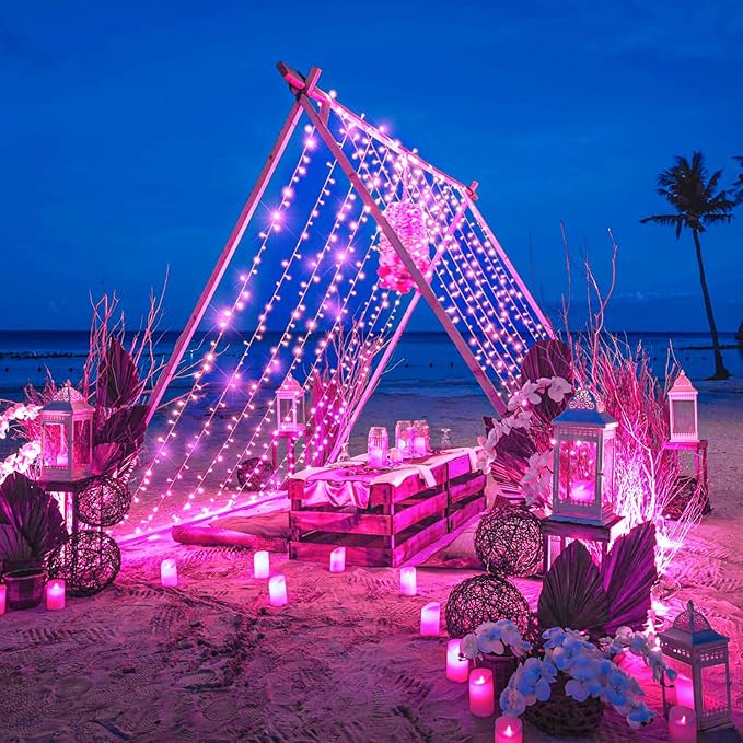120 LED Pink Christmas Lights, 40ft Pink String Lights with 8 Modes Clear Wire Waterproof, Plug in Fairy String Light for Bedroom Valentines Day Christmas Decorations