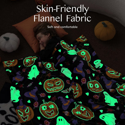 Joiedomi Halloween Blanket Soft Flannel Fleece Throw Blanket Glow in The Dark Halloween Pumpkin Ghost Bat for Kids Bed Living Room Gifts 50"×60"