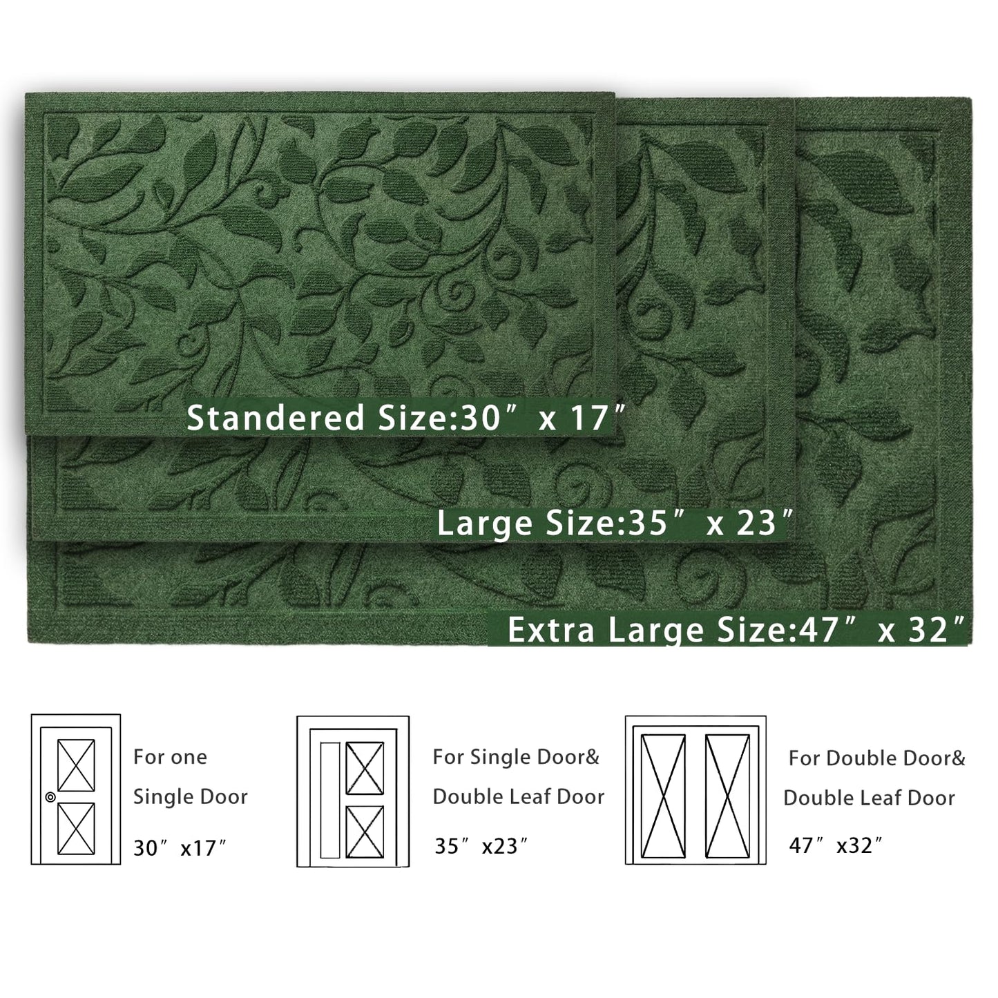 VivaNest Green Leaves Ivy Scroll Outdoor Indoor Entrance Door mat, Durable Absorbent Mud Scraper Mat for Front Door, Thick Natural Rubber Back, Easy Clean Entryway Welcome Mat 17x30 Inch, Low Profile