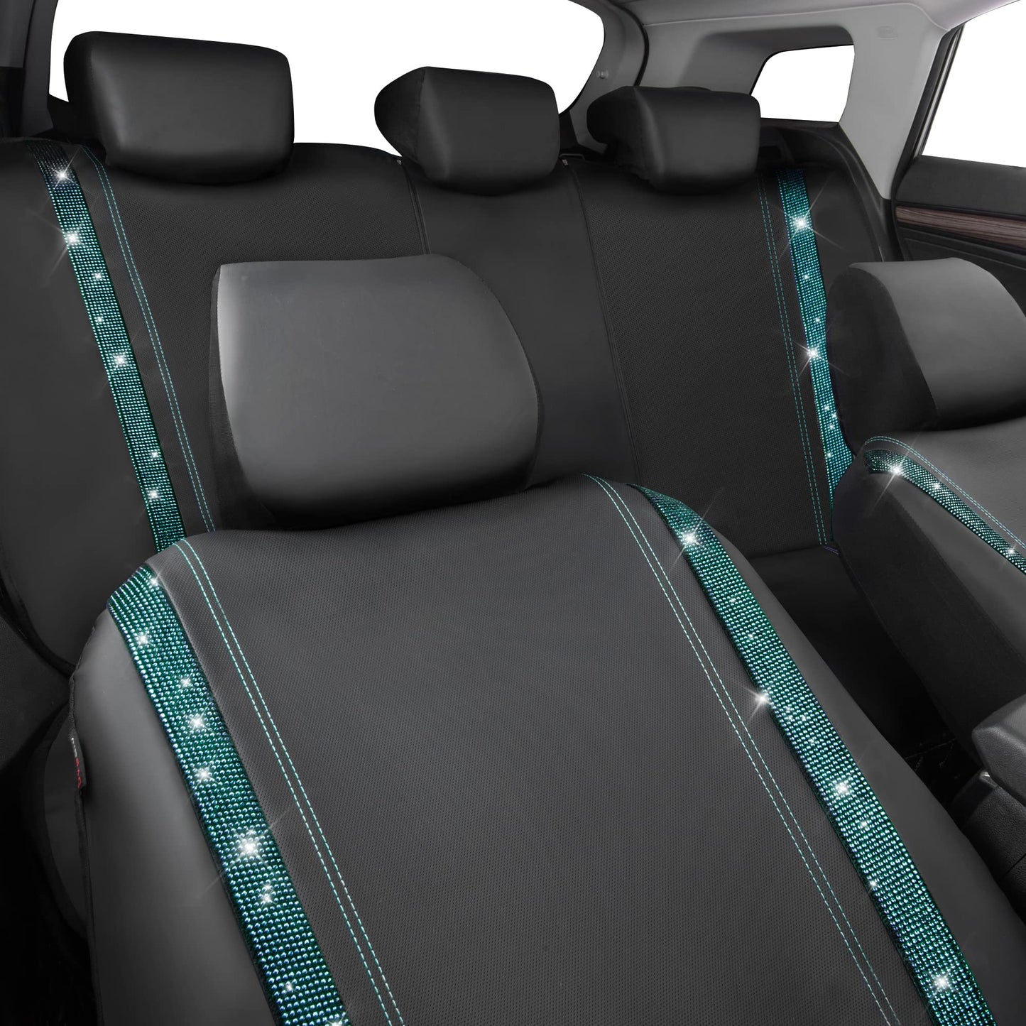 CAR PASS Bling Car Seat Covers Full Set, Shining Rhinestone Diamond Waterproof Faux Leather Universal Fit 95% Automotive Glitter Crystal Sparkle Strips for Cute Women Girl, Full Set (Mint Diamond)