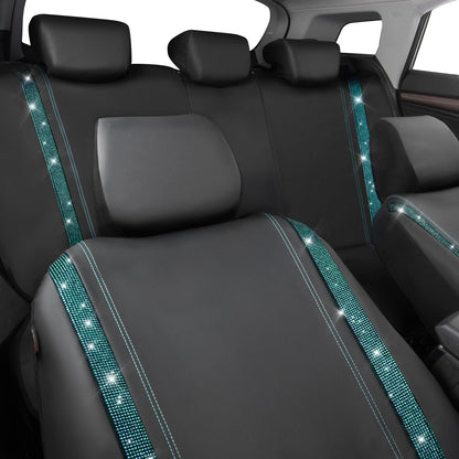 CAR PASS Bling Car Seat Covers Full Set, Shining Rhinestone Diamond Waterproof Faux Leather Universal Fit 95% Automotive Glitter Crystal Sparkle Strips for Cute Women Girl, Full Set (Mint Diamond)