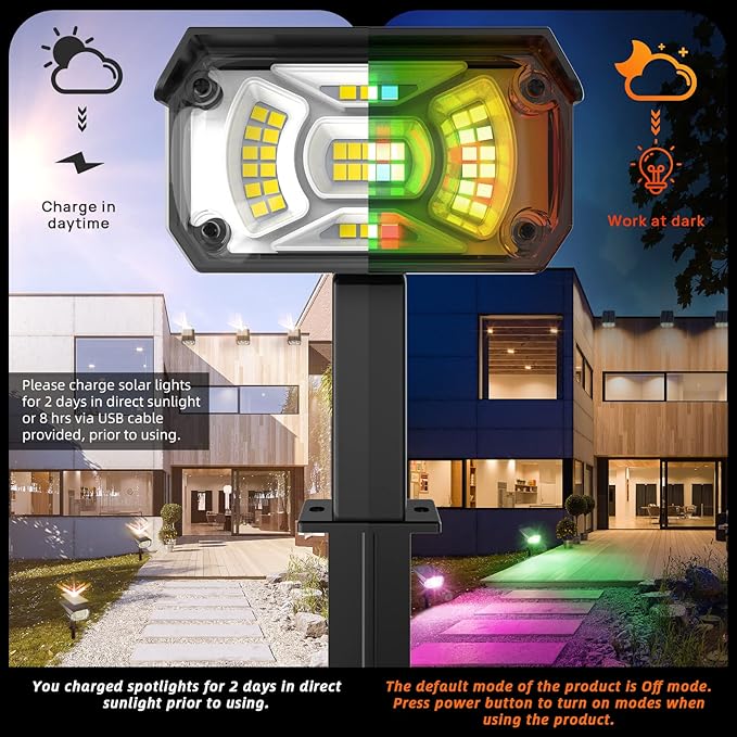 Color Solar Light Outdoor Waterproof Spotlights with 9 Light Modes, Color Changing Solar Outdoor Light for Halloween Decorations, Colored Spot Lights Auto On,Off, RGBW