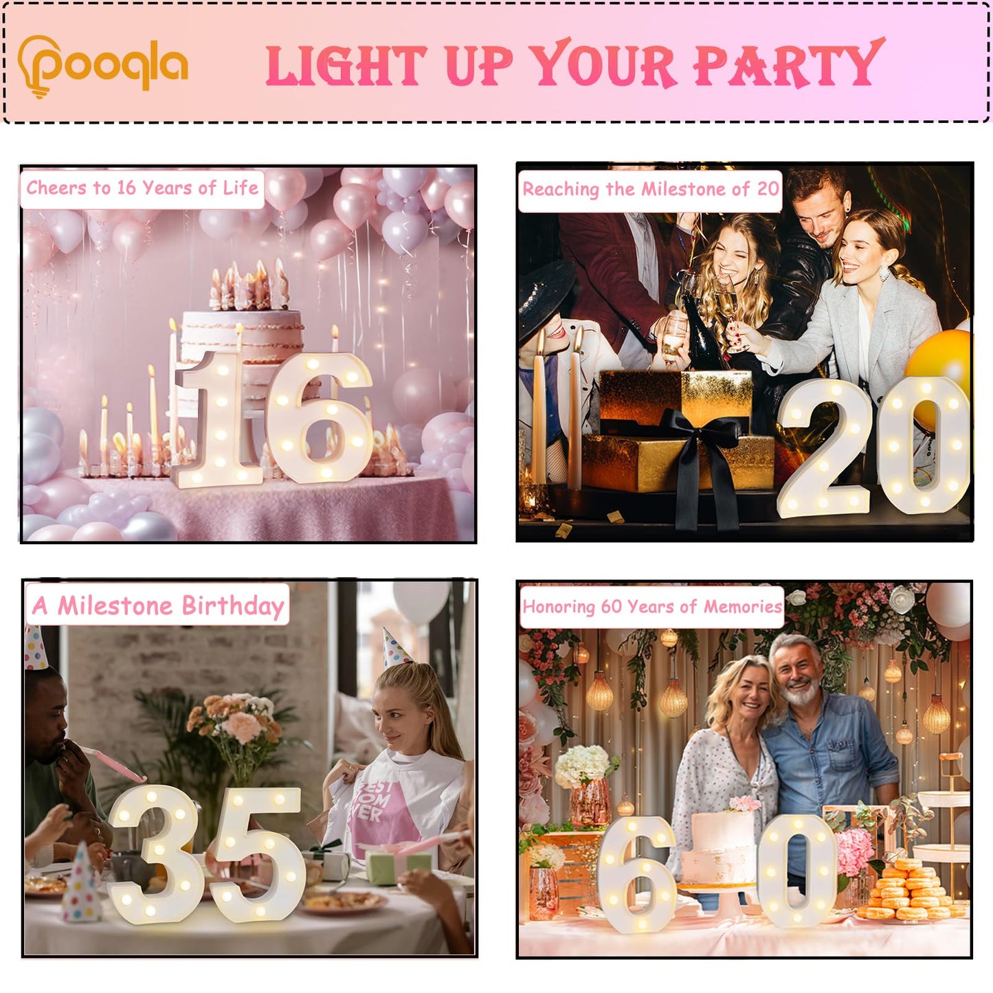 Pooqla Decorative LED Light Up Number Letters, White Plastic Marquee Number Lights Sign for Wedding Decor, Battery Operated (17)