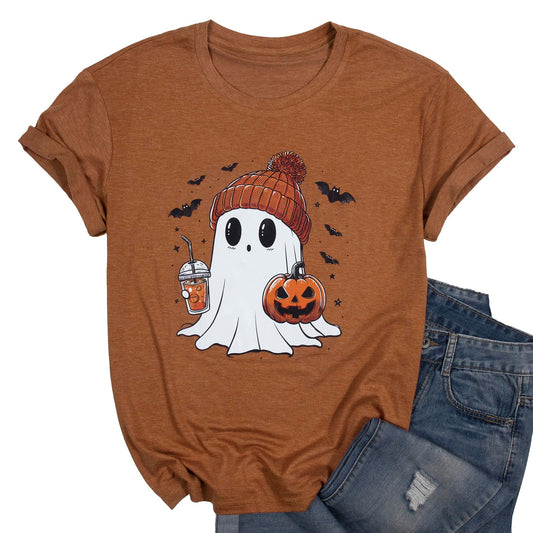 Halloween Shirts for Women Cute Ghost Shirt Fall Pumpkin Tshirt Coffee Lover Graphic Tees Casual Short Sleeve Tops