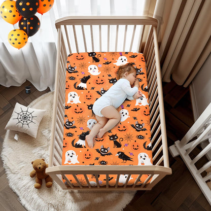 JISEN Halloween Crib Sheet Bats Fitted Crib Sheet for Boys Girls Crib Mattress Cover Baby Sheet for Standard Crib and Toddler Mattress Soft Breathable Baby Bed Sheet for Neutral 52x28 Inch Ghosts