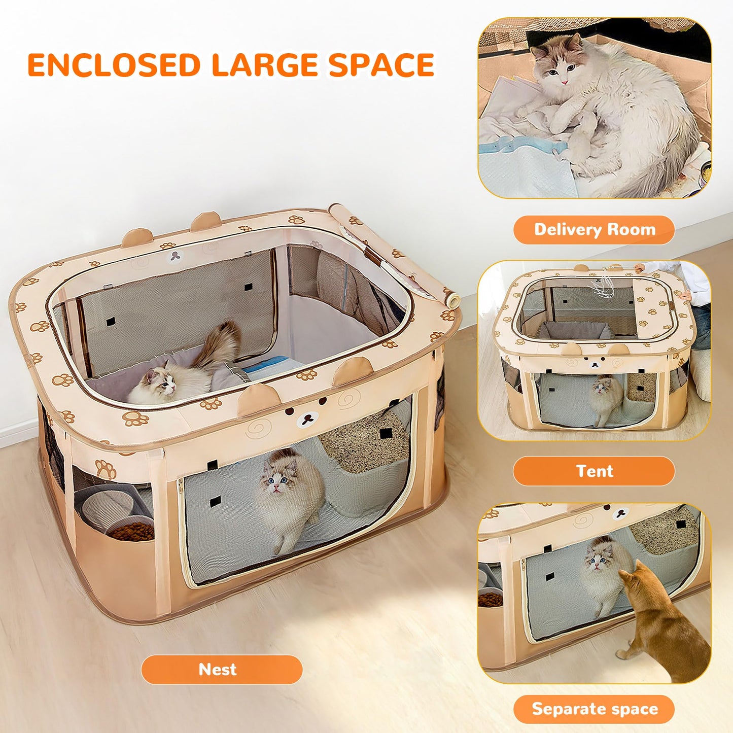 ALLSOPETS Cat Playpen for Dog, Foldable Pet Play Pen for Indoor Outdoor Use, Portable Dog Cat Crate Tent for Puppies Kittens, Pop-Up Pet Cage for Travel Camping (Brown Bear, M)