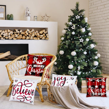 Christmas Pillow Covers 18x18 Set of 4 Winter Throw Pillow Covers Holiday Buffalo Plaid Pillow Covers Merry Christmas Pillows for Couch Sofa Home Decor Xmas Cushion Covers Indoor Decor Thicker
