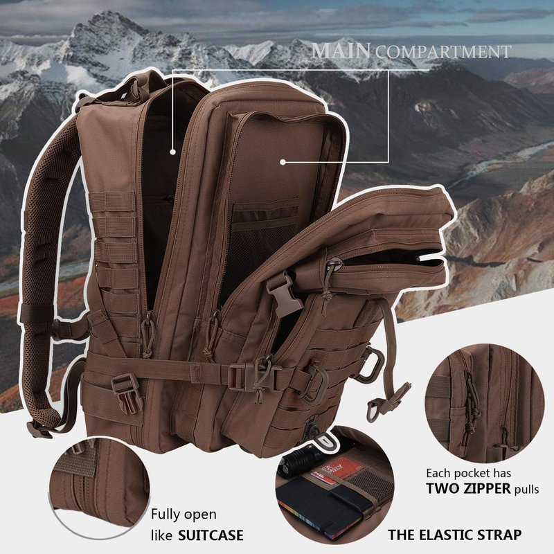 Hannibal Tactical MOLLE Assault Backpack, Tactical Backpack Military Army Camping Rucksack, 3-Day Pack Trip w/USA Flag Patch, D-Rings, Dark Brown