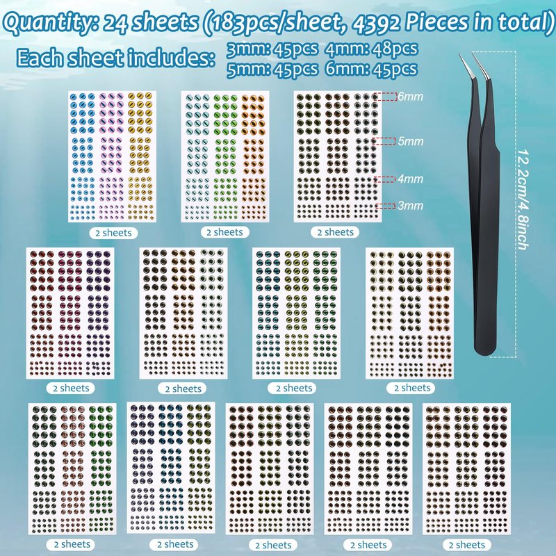 Skylety 2196 Pcs Fishing Lure Eyes 3D Artificial Eyes Stickers Assortment with 1 Piece Tweezer for Fishing Baits DIY Accessory, 3/4/ 5/6 mm
