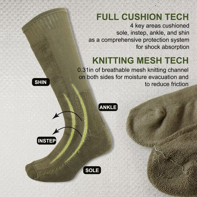 Freshpairs Men's Hiking Socks, Military Green Over the Calf Socks for Hunting and Boots,4 Pack