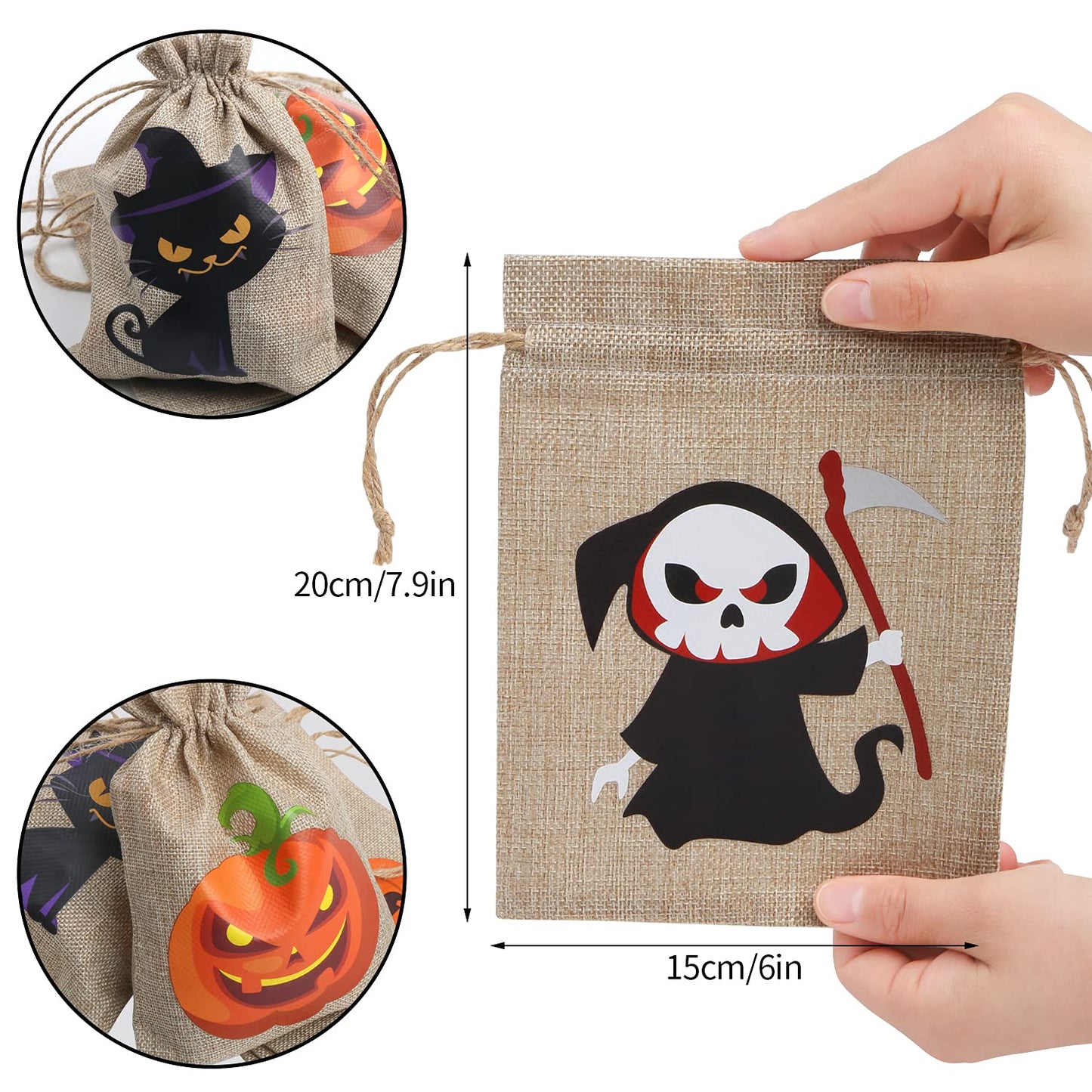 DERAYEE Halloween Burlap Treat Bags with Drawstrings, 6"x 8" Gift Candy Bags Goodie Bag for trick or treat Kids Halloween Party Favor 18Pcs
