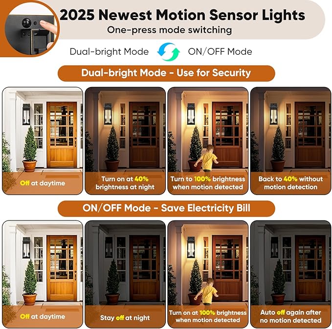 BesLowe 18” Upgraded Motion Sensor Outdoor Wall Lights, Dusk to Dawn Porch Lights Outdoor Wall Sconces, 3 Lighting Modes Exterior Lighting Fixtures with Hooks, Bronze Outside Lights for House, 2-Pack
