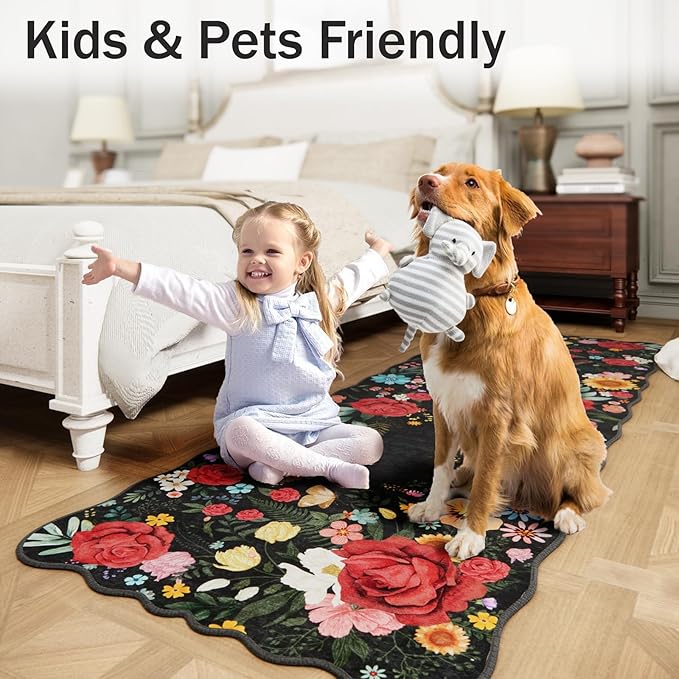 Washable Rugs for Living Room: 6x9 Area Rugs for Bedroom Soft Ultra Thin Stain Resistant Non Slip Low Pile Lightweight Vintage Floral Carpet for Dining Room Decor (Black)