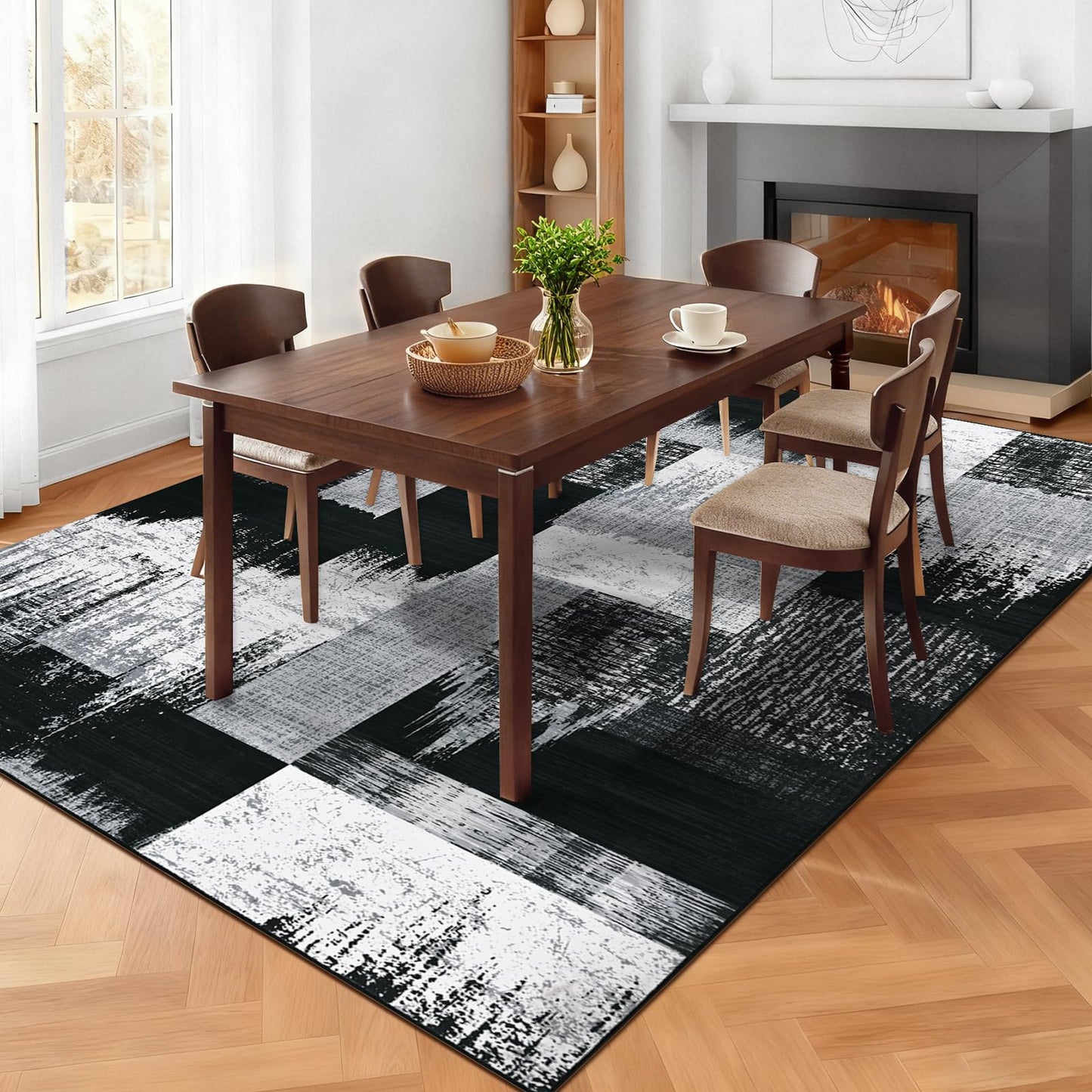 Yinhua Modern Geometric 5x8 Area Rug, Patchwork Grey Rugs for Living Room Washable Abstract Area Rug Non Slip, Soft Bedroom Rugs Stain Resistant, Mid Century Low Pile Carpet for Dining Room, Office