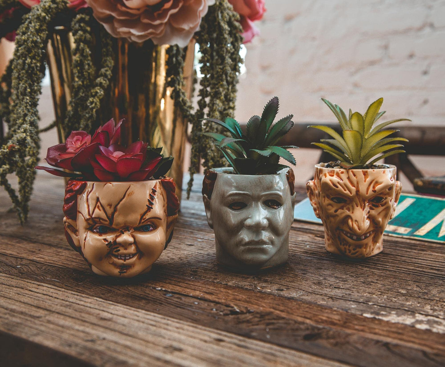 Toynk Halloween Michael Myers 3-Inch Ceramic Mini Planter with Artificial Succulent | Small Flower Pot, Faux Indoor Plant