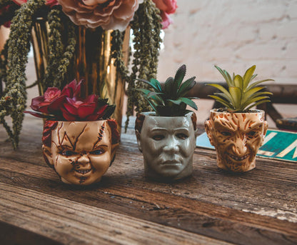 Toynk Halloween Michael Myers 3-Inch Ceramic Mini Planter with Artificial Succulent | Small Flower Pot, Faux Indoor Plant
