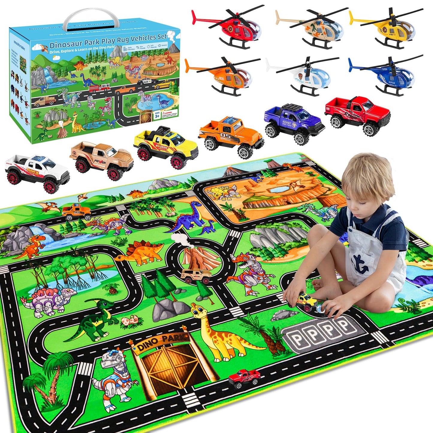 DINSUMRUG Dinosaur Play Rugs Gift Set, Jurassic Car Rug with 12 Metal Vehicles (6 Helicopters + 6 Pickup Trucks), 59"×39.4" Kids Car Play Mat, Dino Park Adventure Rug for Boys Girls 3-8 Years