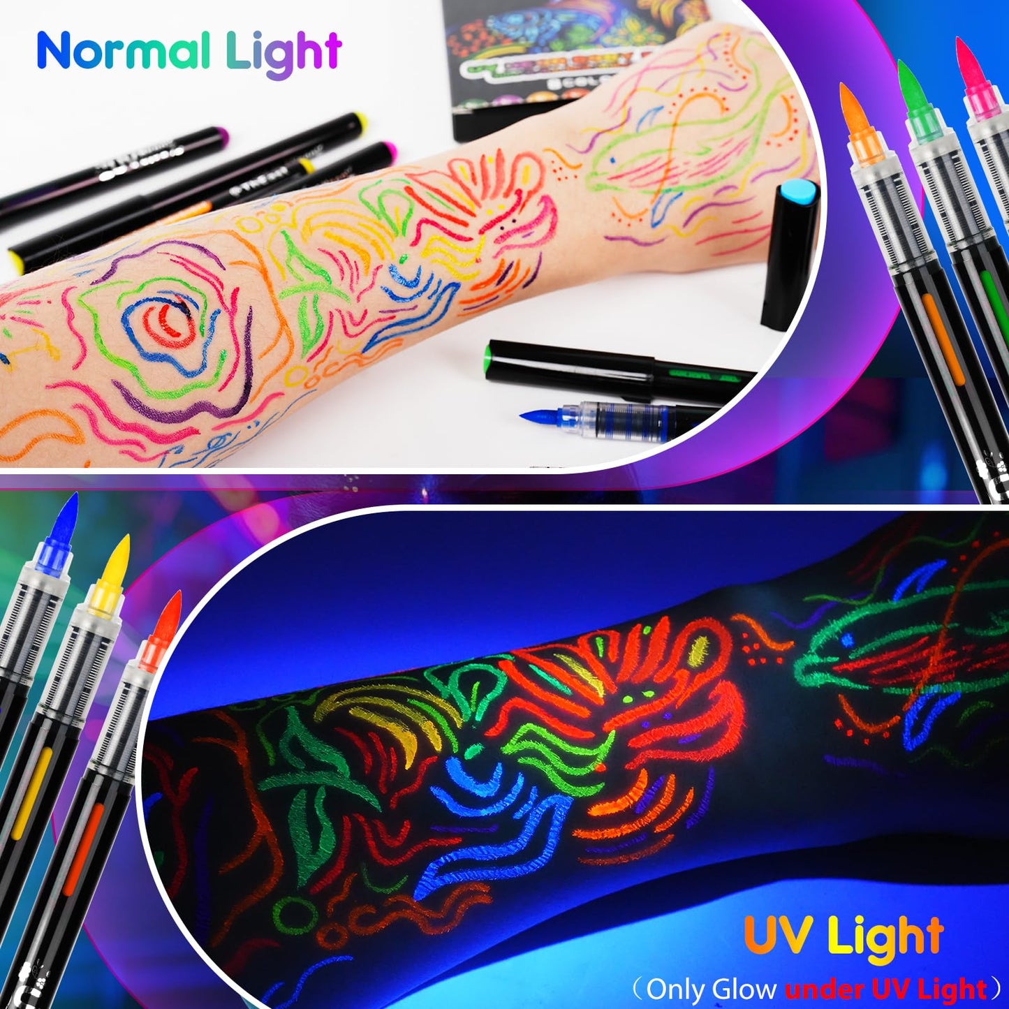 ThEast 8 Glow in the Dark Body Paint, Halloween Makeup Kit, UV Neon Face Markers, Glowing Face Painting Pens, Washable Tattoo Markers for Skin, Festival Essentials