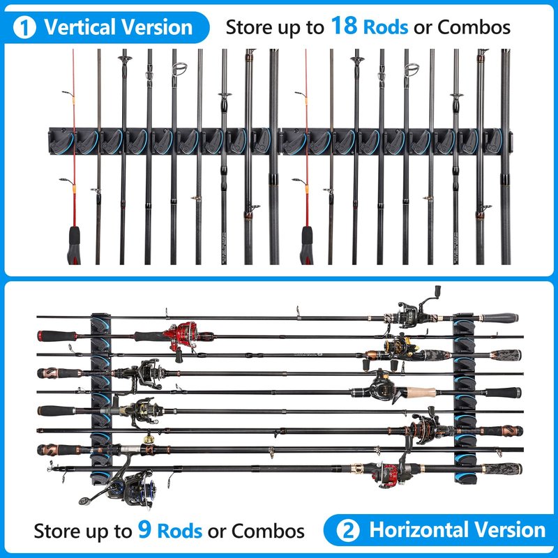 PLUSINNO 2 pack Vertical Fishing Rod rack, Wall Mounted Fishing Rod holder, 2 Packs Fishing Pole Holders Hold Up to 18 Rods or Combos, Fishing rod holders for garage, Fishing Gear and Gifts for Men
