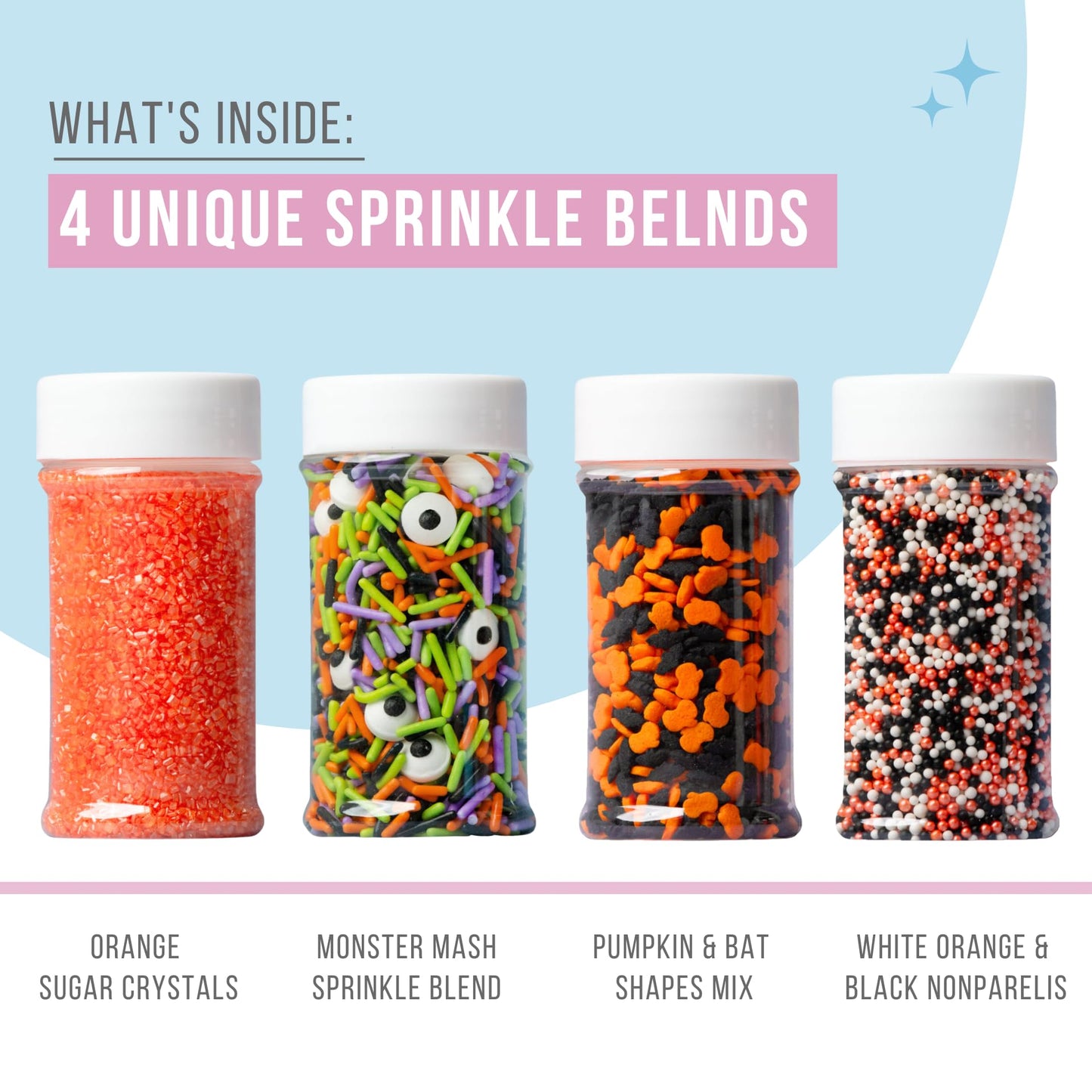 Sweets Indeed Halloween Sprinkles 4-Pack – 10.90 oz Jar Set | Candy Eyeball Mix, Bat & Pumpkin Quin Mix, Orange Sanding Sugar & Black/White/Orange Nonpareils | Cupcake & Cookie Decorations
