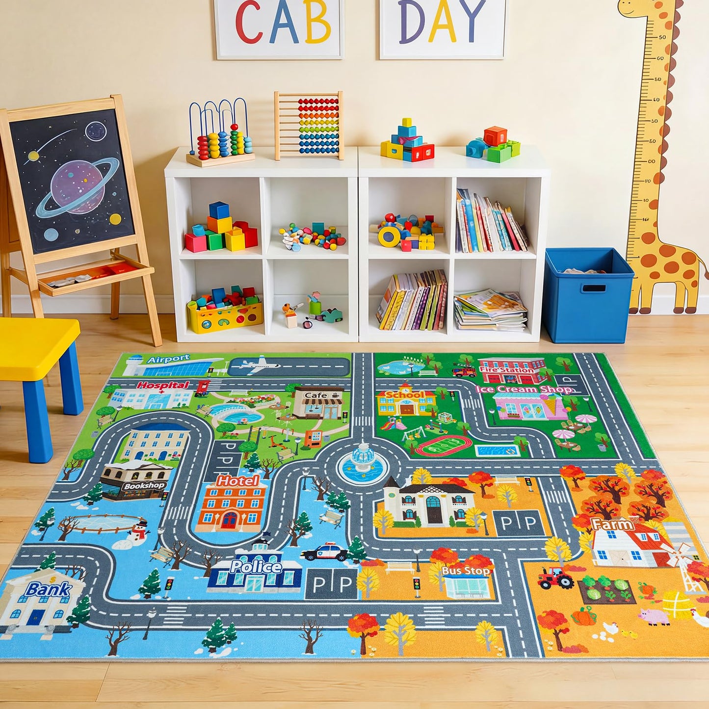 Car Rug for Kids Toy Cars, Town City Track Road Carpet Playmat with Non-Silp Backing, Traffic Playmat for Road Washable Rugs Four Seasons Theme Traffic Mat for Kids Room Bedroom Game Safe Area, 3'x4'