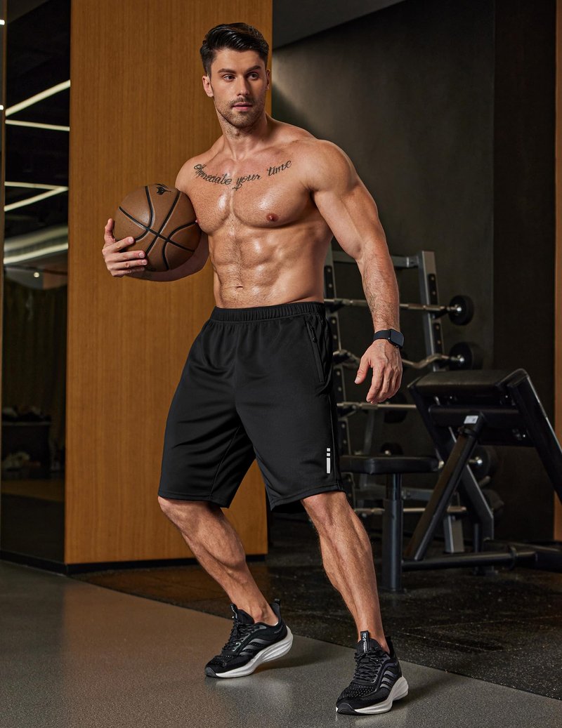 COOFANDY Mens Athletic Running Shorts 9" Lightweight Quick Dry Drawstring Mesh Gym Shorts with Zipper Pockets (Black, Large)