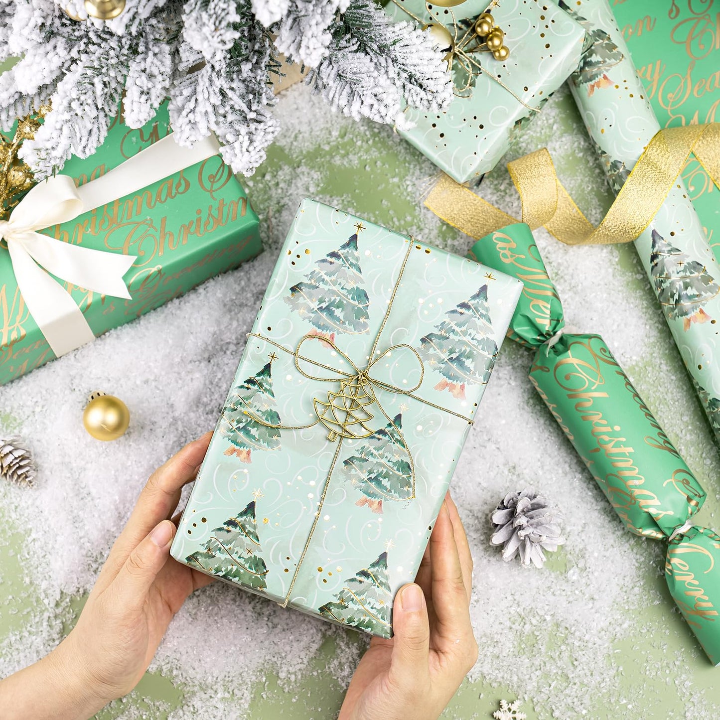 WRAPAHOLIC Reversible Green Christmas Wrapping Paper - Mini Roll - 17 Inch x 33 Feet - Watercolor Green Christmas Tree Wrapping Paper with Metallic Foil Shine for Holiday, Party, Celebration