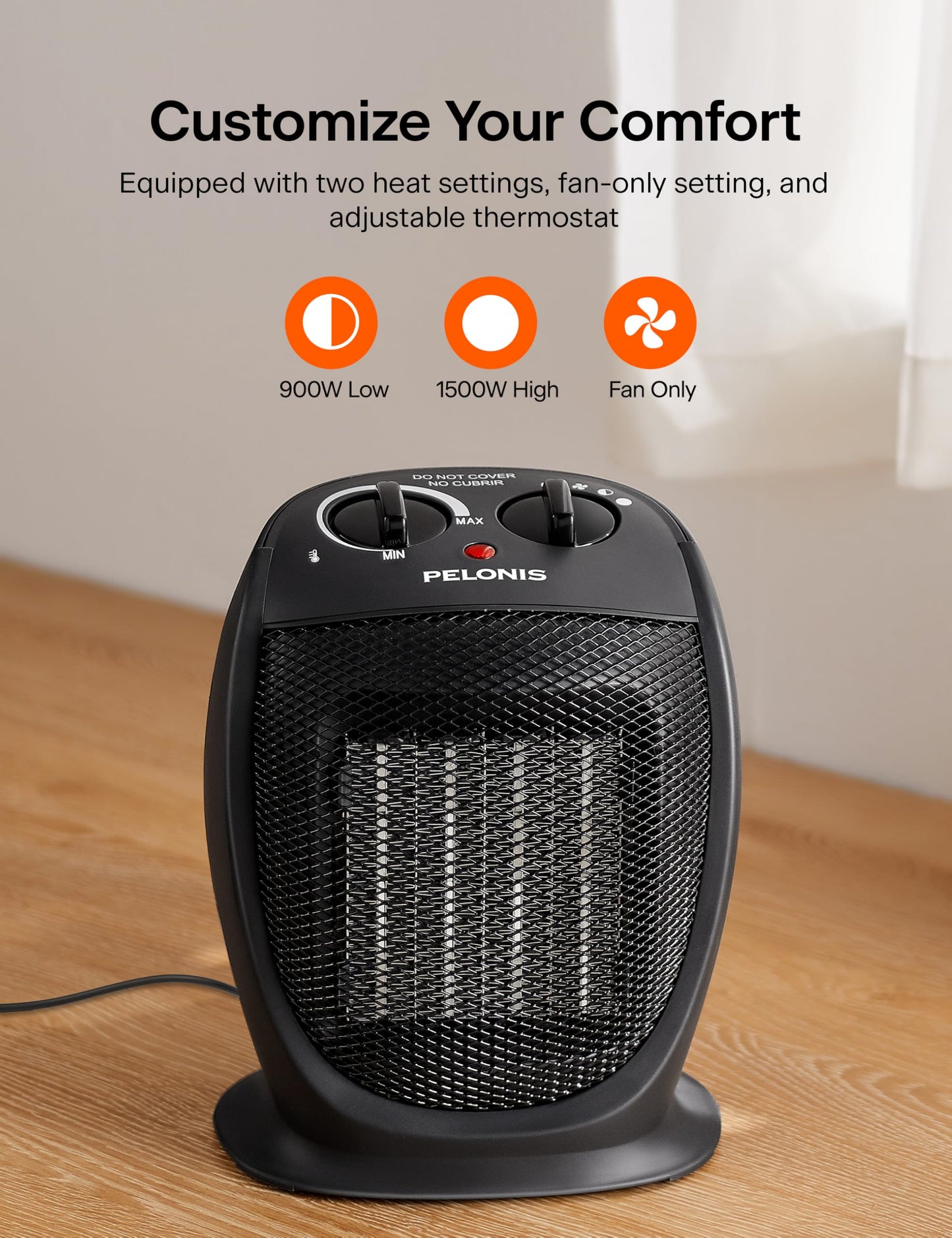 PELONIS PHTA1ABB Portable, 1500W/900W, Quiet Cooling & Heating Mode Space Heater for All Season, Tip Over & Overheat Protection,for Home, Office Personal Use, Black , 9inch