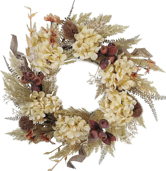 20 Inch Winter Fall Wreaths for Front Door, Boho Front Door Wreath, Fake Dried Hydrangea Flowers, Burlap, Pampas Fall Decorations for Home Farmhouse Front Porch